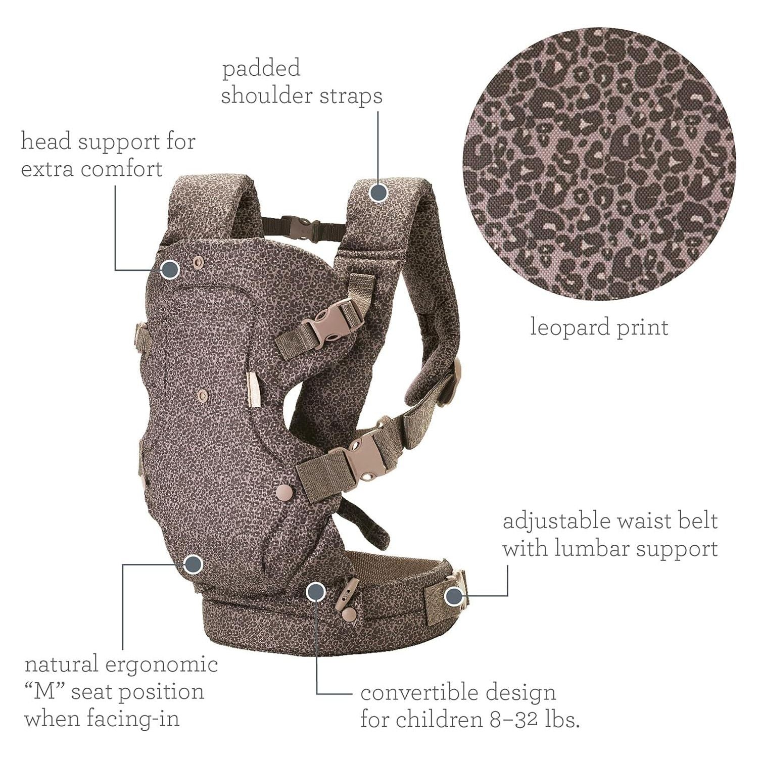 Infantino Flip Advanced 4-in-1 Carrier - Ergonomic, Convertible, Face-in And Face-Out Front And Back Carry For Newborns And Older Babies 8-32 Lbs, Leopard,