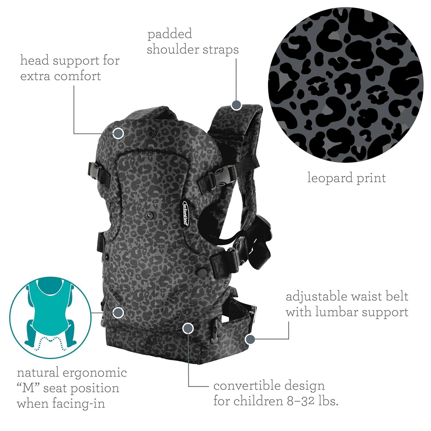 Infantino Flip Advanced 4-in-1 Carrier - Ergonomic, Convertible, Face-in And Face-Out Front And Back Carry For Newborns And Older Babies 8-32 Lbs, Black And Gray Leopard,