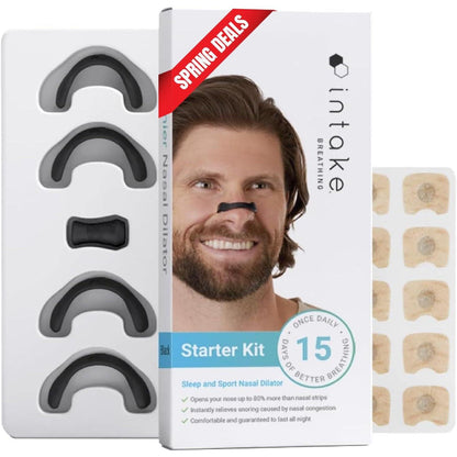 Intake Breathing Nasal Strip Starter Kit, 15 Count, Black, Reduces Snoring, Improves Sleep Quality, Sweat-Resistant, Skin-Safe, Extra Strength Snoring Solution