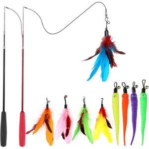 Interactive Cat Wand Toy with Retractable Rod and Feather Refills for Indoor Cat Play and Exercise