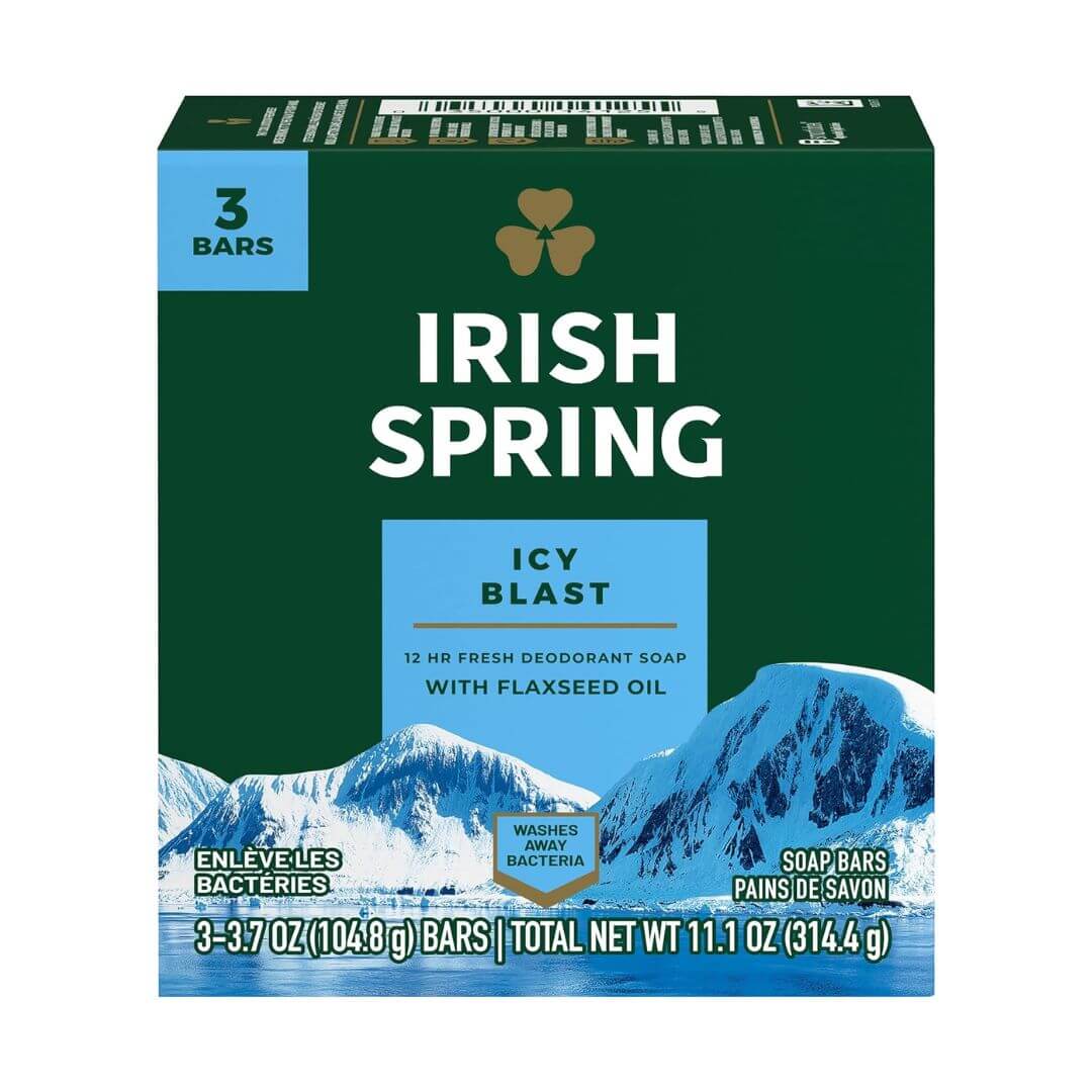 Irish Spring Icy Blast Flaxseed Oil Deodorant Bar Soap (Pack Of 3) 104.8g Each