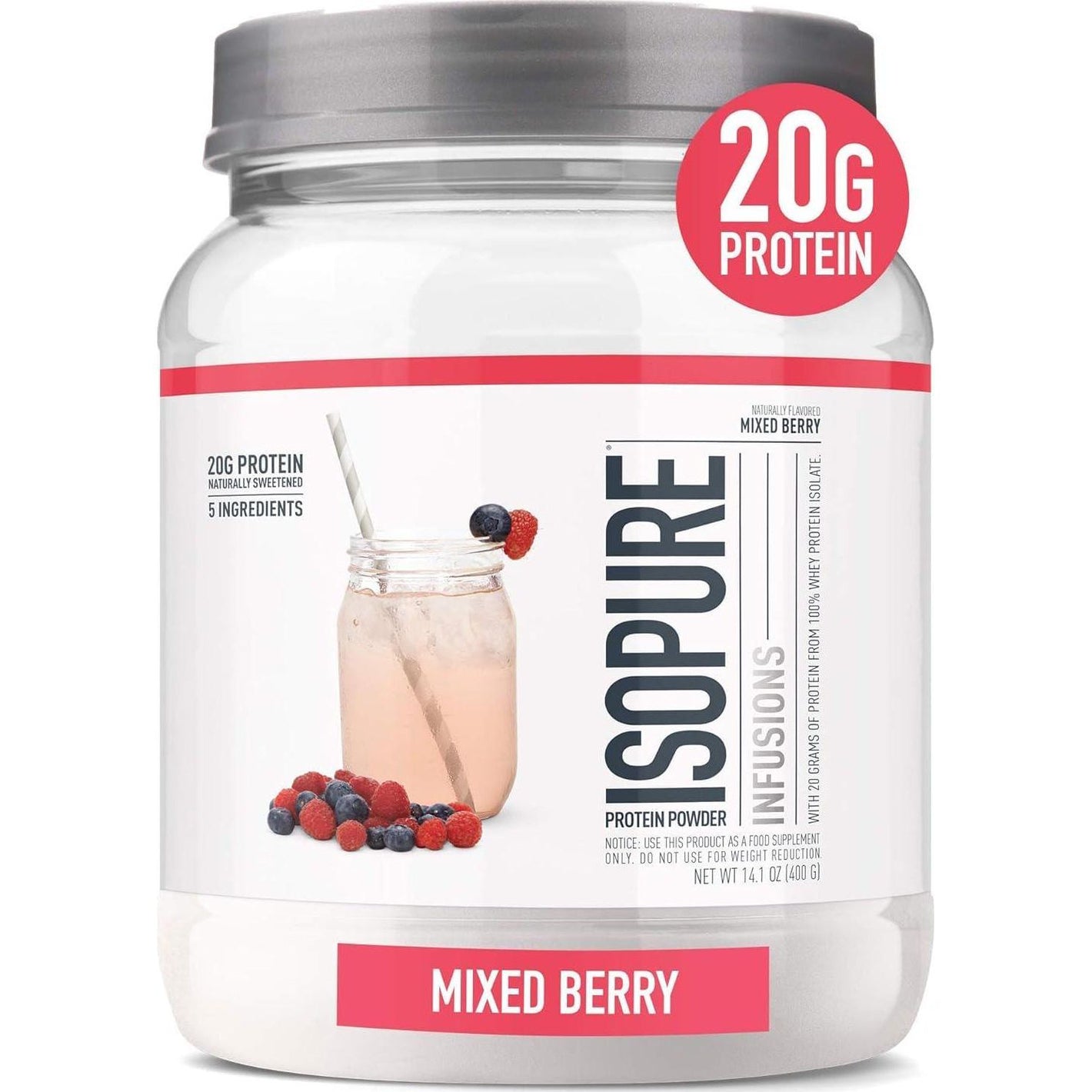 Isopure Clear Whey Isolate Protein Powder Infusions, Lactose-Free, Gluten-Free, Naturally Flavored Mixed Berry, 20g Protein per Serving, 141oz (16 Servings)