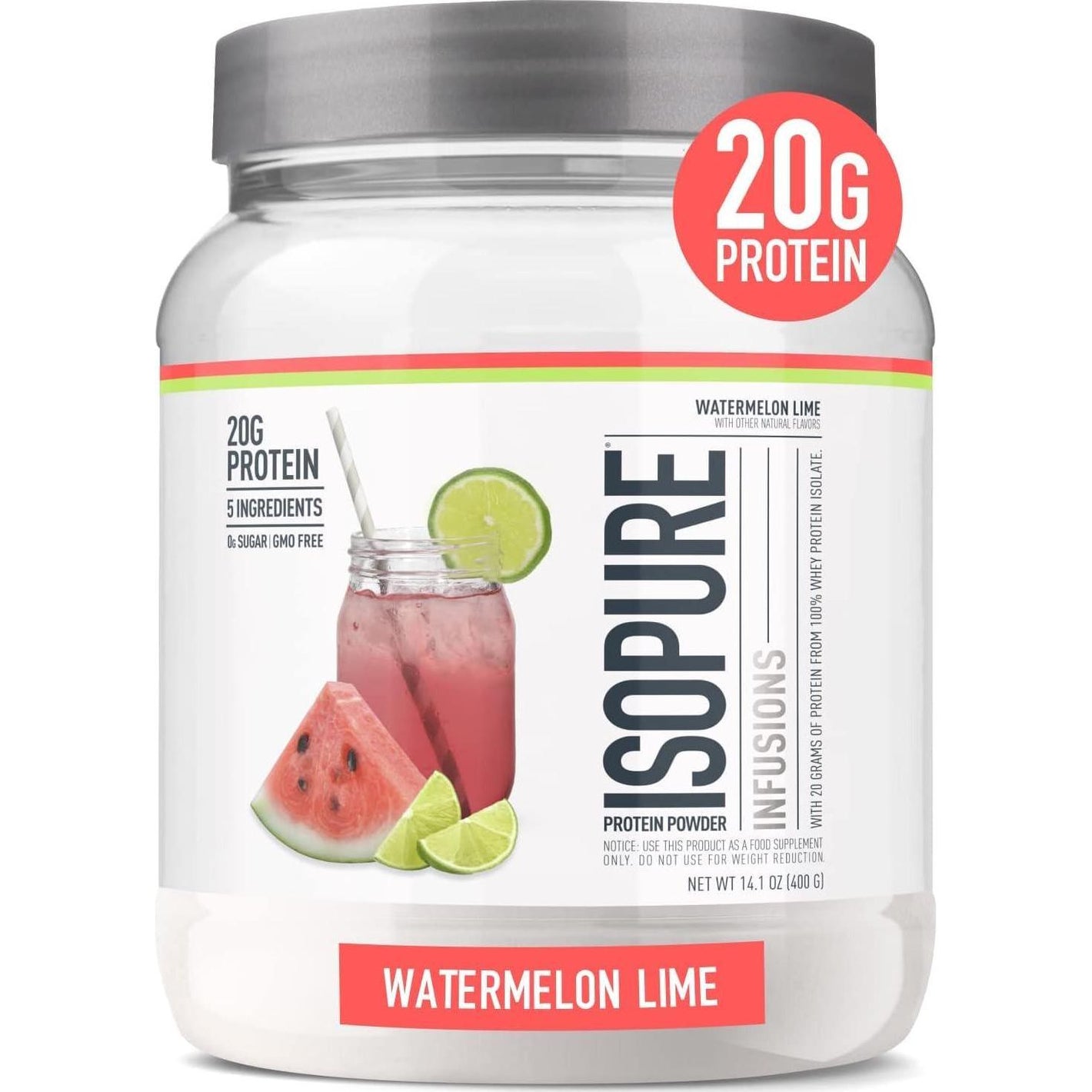 Isopure Isopure Clear Whey Isolate Protein Powder Infusions, Lactose Free, Gluten Free, Naturally Flavored, Watermelon Lime, 20g Protein Per Serving, 14.1 Oz, 16 Servings