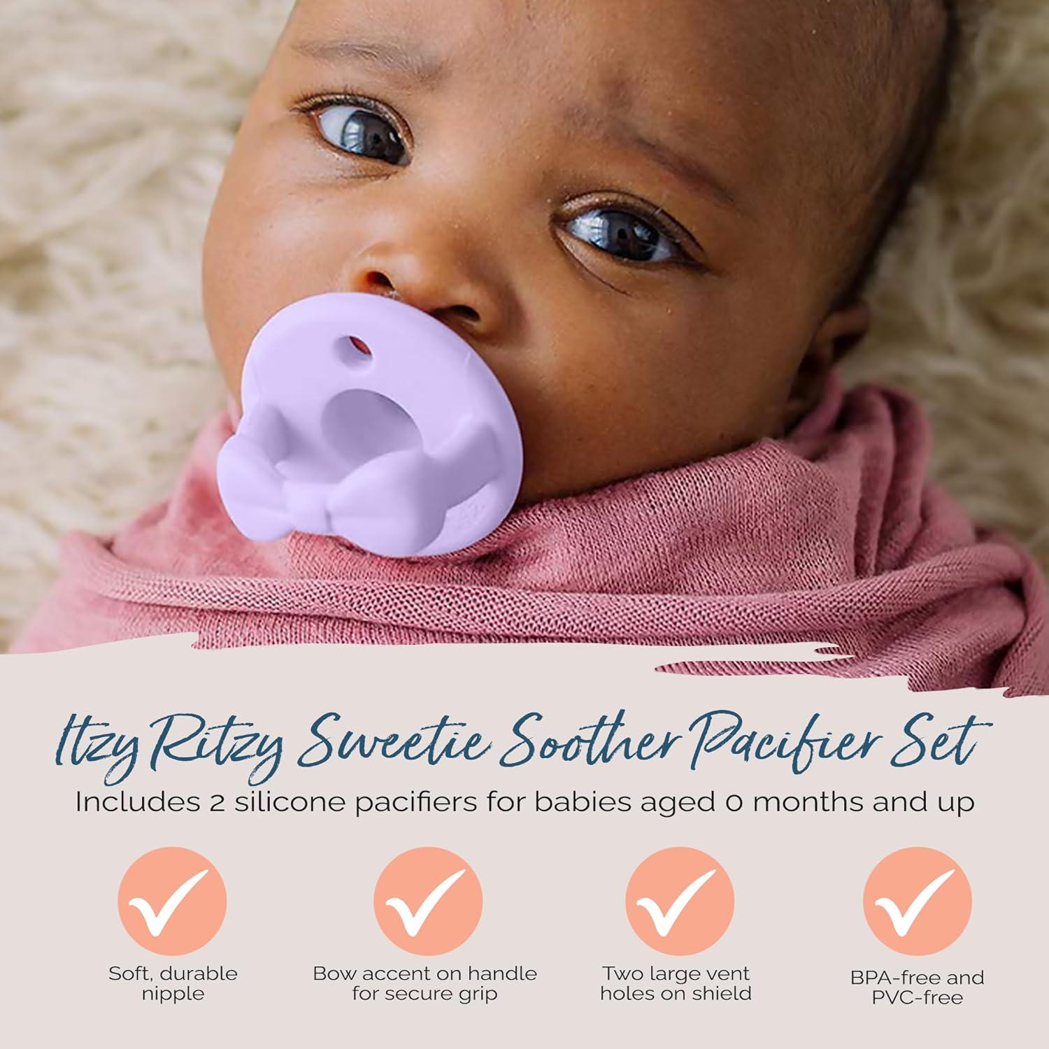 Itzy Ritzy Silicone Pacifiers For Newborn - Sweetie Soother Pacifiers Feature Collapsible Handle And Two Air Holes For Added Safety; For Ages Newborn And Up, Set Of 2 In Daffodil And Purple Diamond,