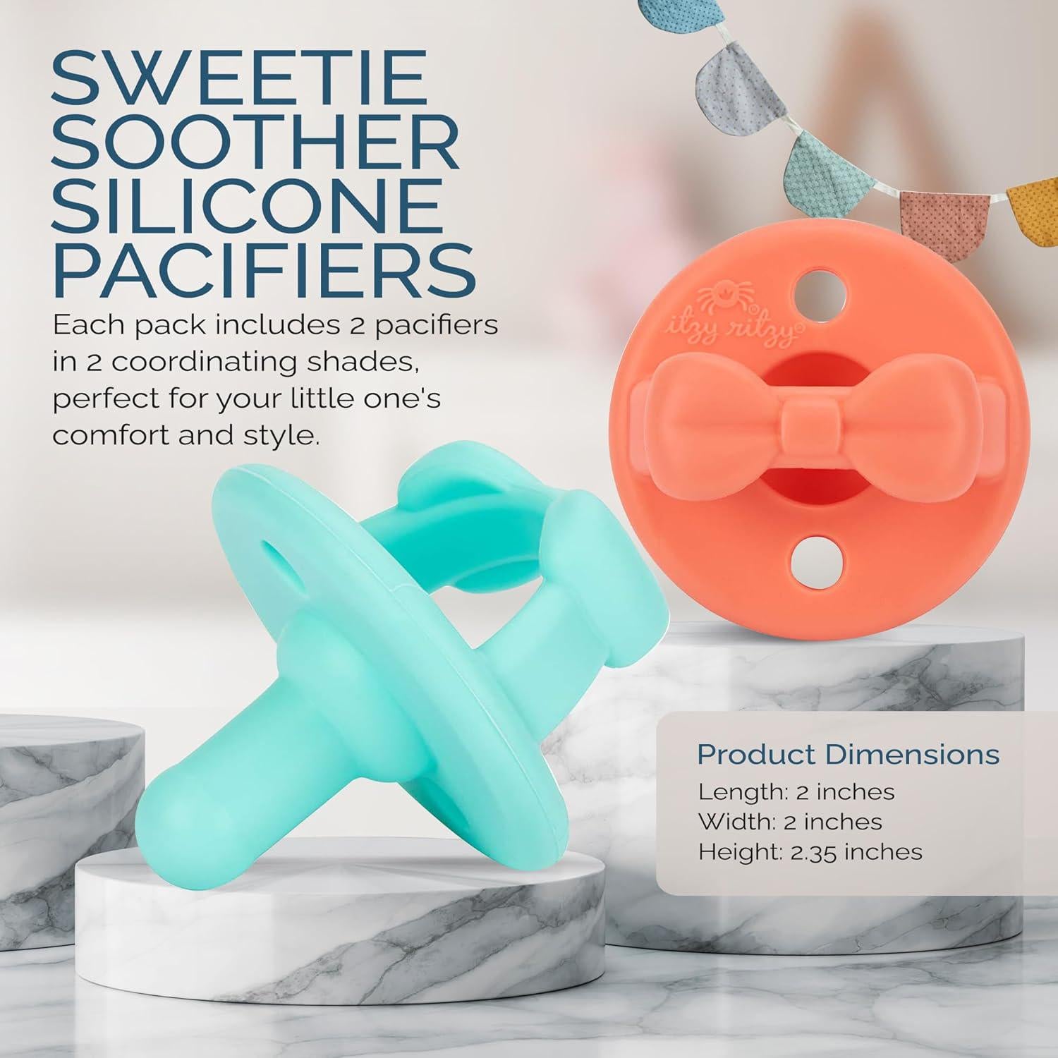 Itzy Ritzy Silicone Pacifiers For Newborn - Sweetie Soother Pacifiers Feature Collapsible Handle And Two Air Holes For Added Safety; For Ages Newborn And Up, Set Of 2 In Aquamarine And Peach,