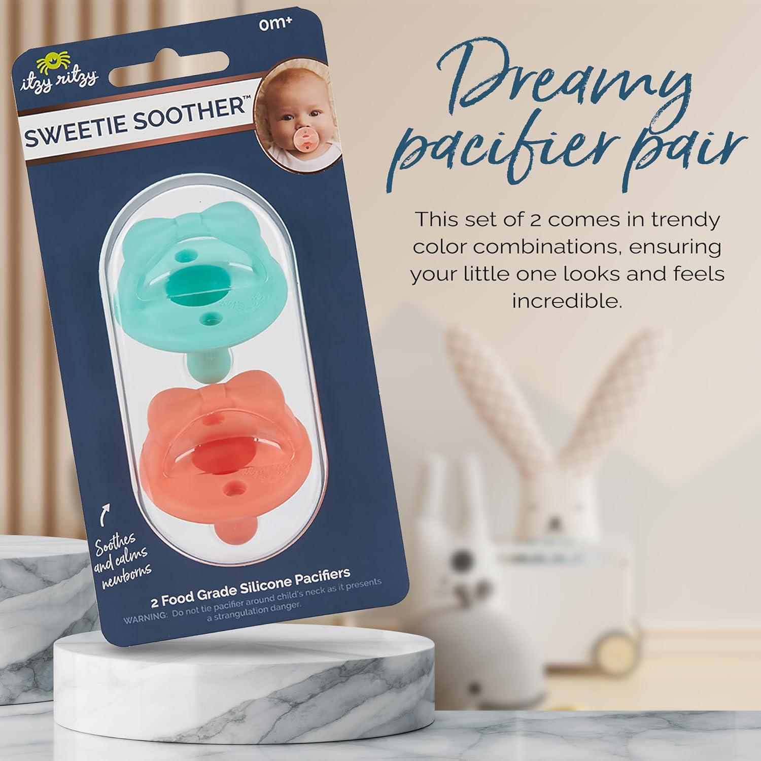 Itzy Ritzy Silicone Pacifiers For Newborn - Sweetie Soother Pacifiers Feature Collapsible Handle And Two Air Holes For Added Safety; For Ages Newborn And Up, Set Of 2 In Aquamarine And Peach,