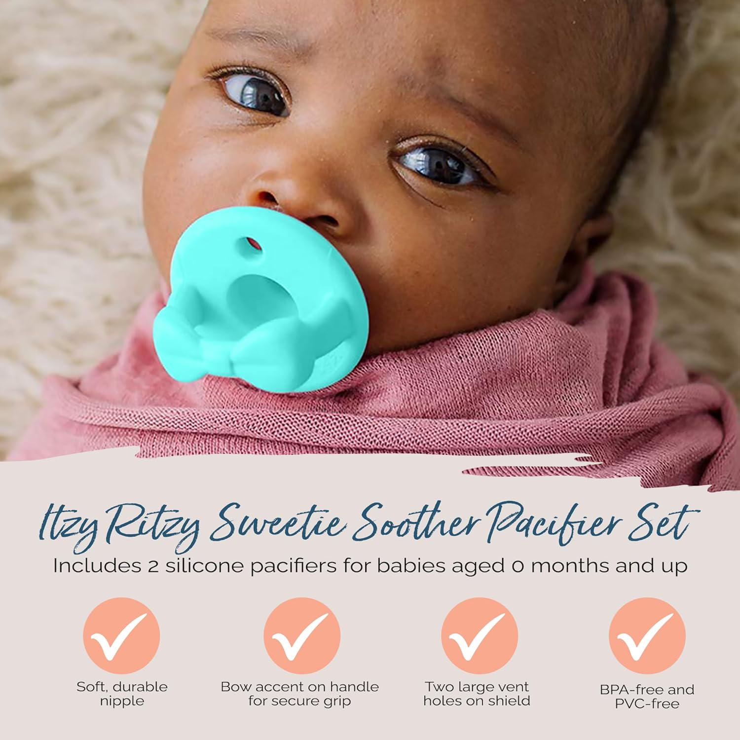Itzy Ritzy Silicone Pacifiers For Newborn - Sweetie Soother Pacifiers Feature Collapsible Handle And Two Air Holes For Added Safety; For Ages Newborn And Up, Set Of 2 In Aquamarine And Peach,