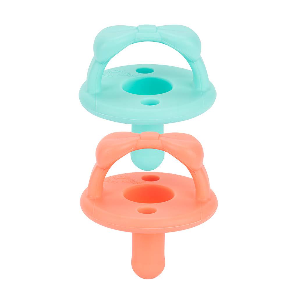 Itzy Ritzy Silicone Pacifiers For Newborn - Sweetie Soother Pacifiers Feature Collapsible Handle And Two Air Holes For Added Safety; For Ages Newborn And Up, Set Of 2 In Aquamarine And Peach,