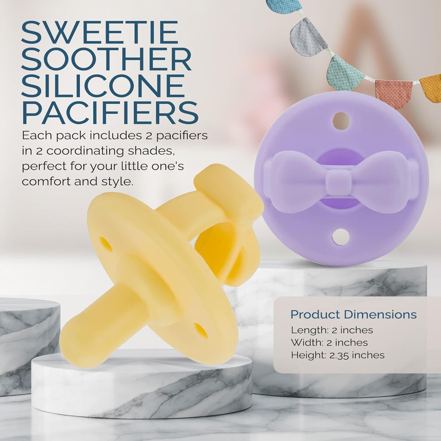 Itzy Ritzy Silicone Pacifiers For Newborn - Sweetie Soother Pacifiers Feature Collapsible Handle And Two Air Holes For Added Safety; For Ages Newborn And Up, Set Of 2 In Daffodil And Purple Diamond,