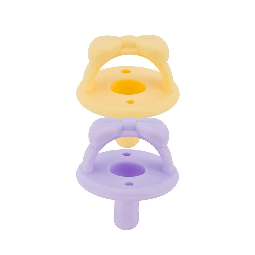 Itzy Ritzy Silicone Pacifiers For Newborn - Sweetie Soother Pacifiers Feature Collapsible Handle And Two Air Holes For Added Safety; For Ages Newborn And Up, Set Of 2 In Daffodil And Purple Diamond,