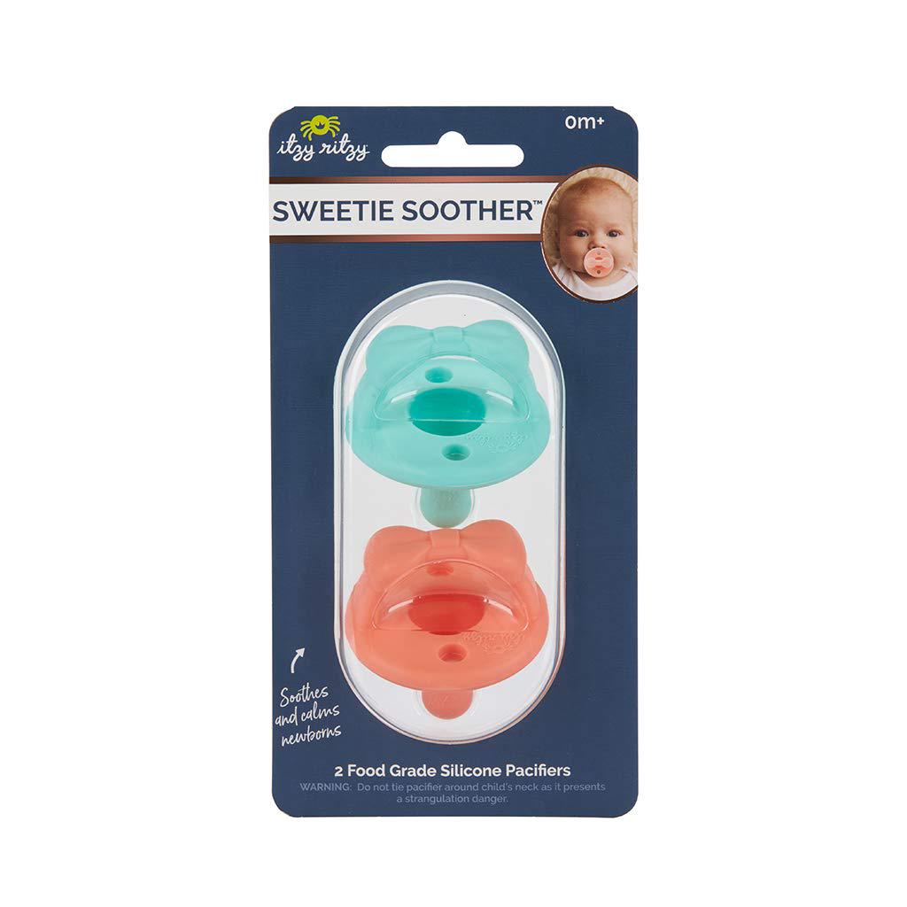 Itzy Ritzy Silicone Pacifiers For Newborn - Sweetie Soother Pacifiers Feature Collapsible Handle And Two Air Holes For Added Safety; For Ages Newborn And Up, Set Of 2 In Aquamarine And Peach,