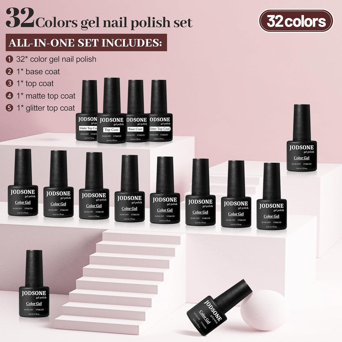 JODSONE JODSONE 36 PCS Gel Nail Polish Set-32 Colors Gel Polish Kit Base Coat Glossy Matte And Glitter Top Coat Nail Polish Set Green Blue Red Pink Collection Gifts For Women