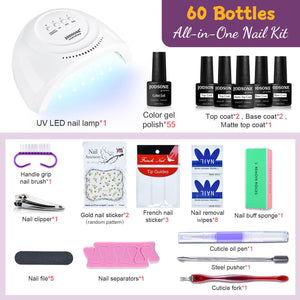 JODSONE JODSONE Gel Nail Polish Kit 60 PCS With U V Light Soak Off Base Top Coat Gel Polish 55 Shine Colors Gel Nail Kit Bright And Dark Brown Wine Red Series Manicure Set For Women And Girls