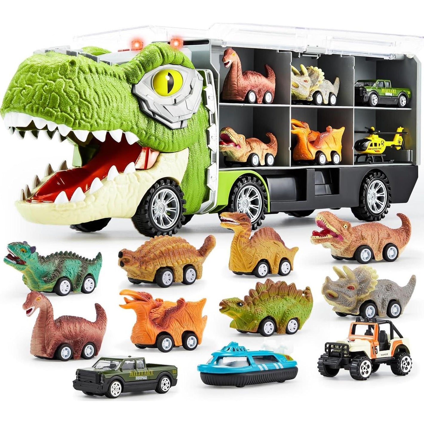 Joyin dinosaur transport truck toy 13 in 1 with 12 pull back cars for kids ages 3 to 5 birthday gift for boys