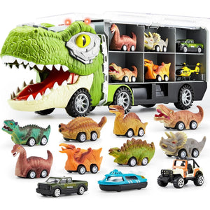 Joyin dinosaur transport truck toy 13 in 1 with 12 pull back cars for kids ages 3 to 5 birthday gift for boys