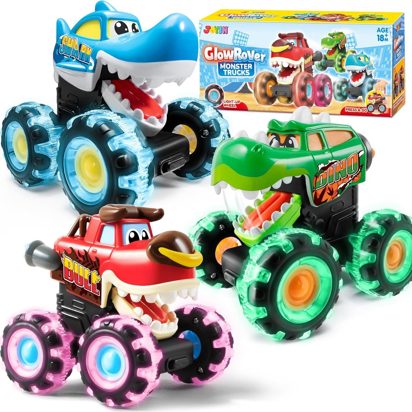 Joyin 3-Pack Monster Truck Light-Up Cars, Motion Activated Toddler Toy Gift for Boys & Girls