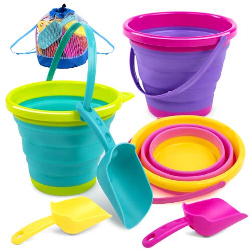 JOYIN Foldable Beach Bucket Set with Mesh Bag & Shovels, 3-Pack Toy Pails for Toddlers & Travel