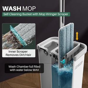 Joymoop Mop and Bucket with Wringer Set, Hands-Free Flat Floor Mop & Bucket, 3 Washable Microfiber Pads, Wet & Dry Use Floor Cleaning System