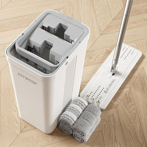 JOYMOOP JOYMOOP Mop And Bucket With Wringer Set, White Flat Squeeze Mop Bucket Set For Floor Cleaning, Wet Dry Mop For Wall Cleaner With Long Handle, Hardwood Floor Mop With 4 Microfiber Cloths
