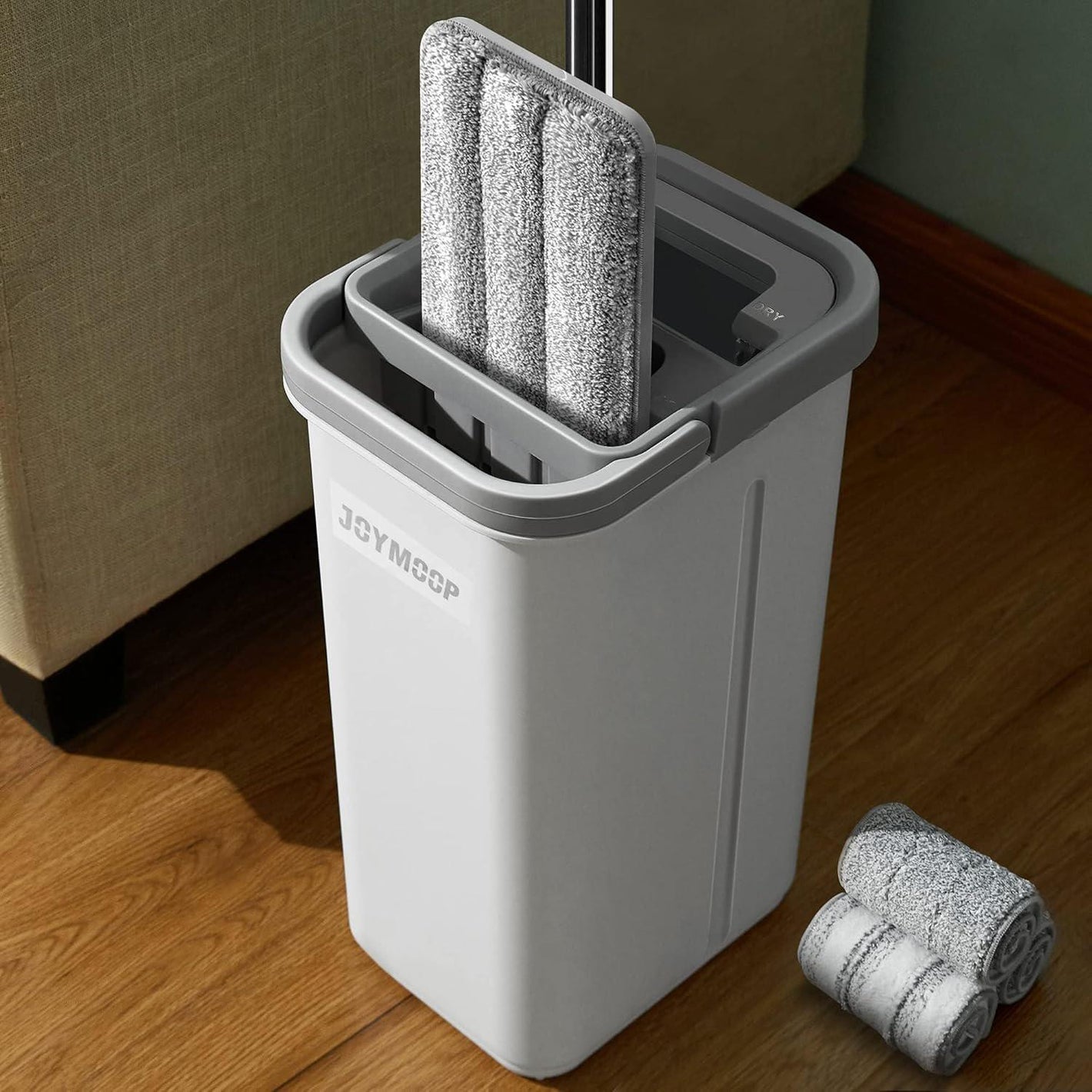 Joymoop Mop and Bucket with Wringer Set, Hands-Free Flat Floor Mop & Bucket, 3 Washable Microfiber Pads, Wet & Dry Use Floor Cleaning System