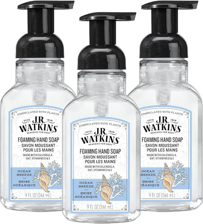 J.R. Watkins Foaming Hand Soap With Pump Dispenser, Moisturizing Foam Hand Wash, All Natural, Alcohol-Free, Cruelty-Free, USA Made, Ocean Breeze, 9 Fl Oz, 3 Pack