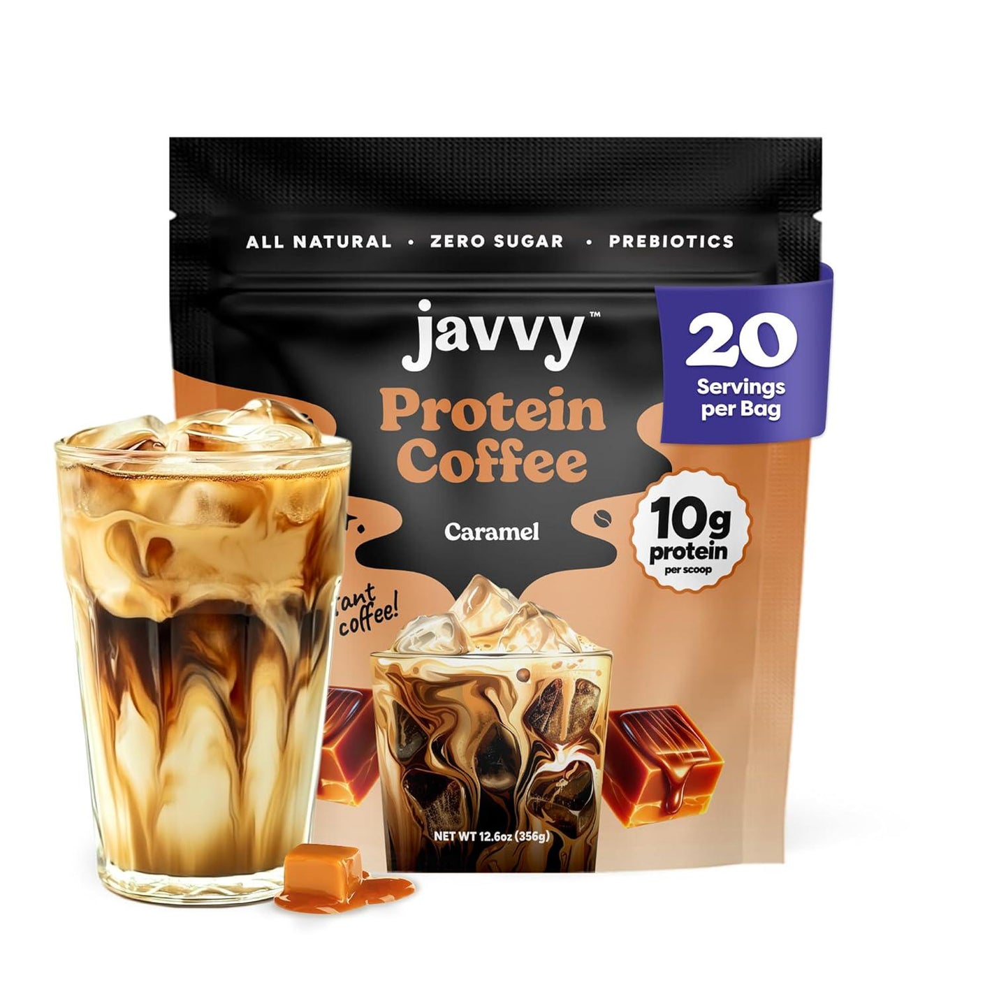 Javvy Javvy Caramel Protein Coffee - Premium Whey Protein And Instant Iced Coffee - 100% Arabica Coffee - Zero Artificial Flavors And Sweeteners, 20 Servings