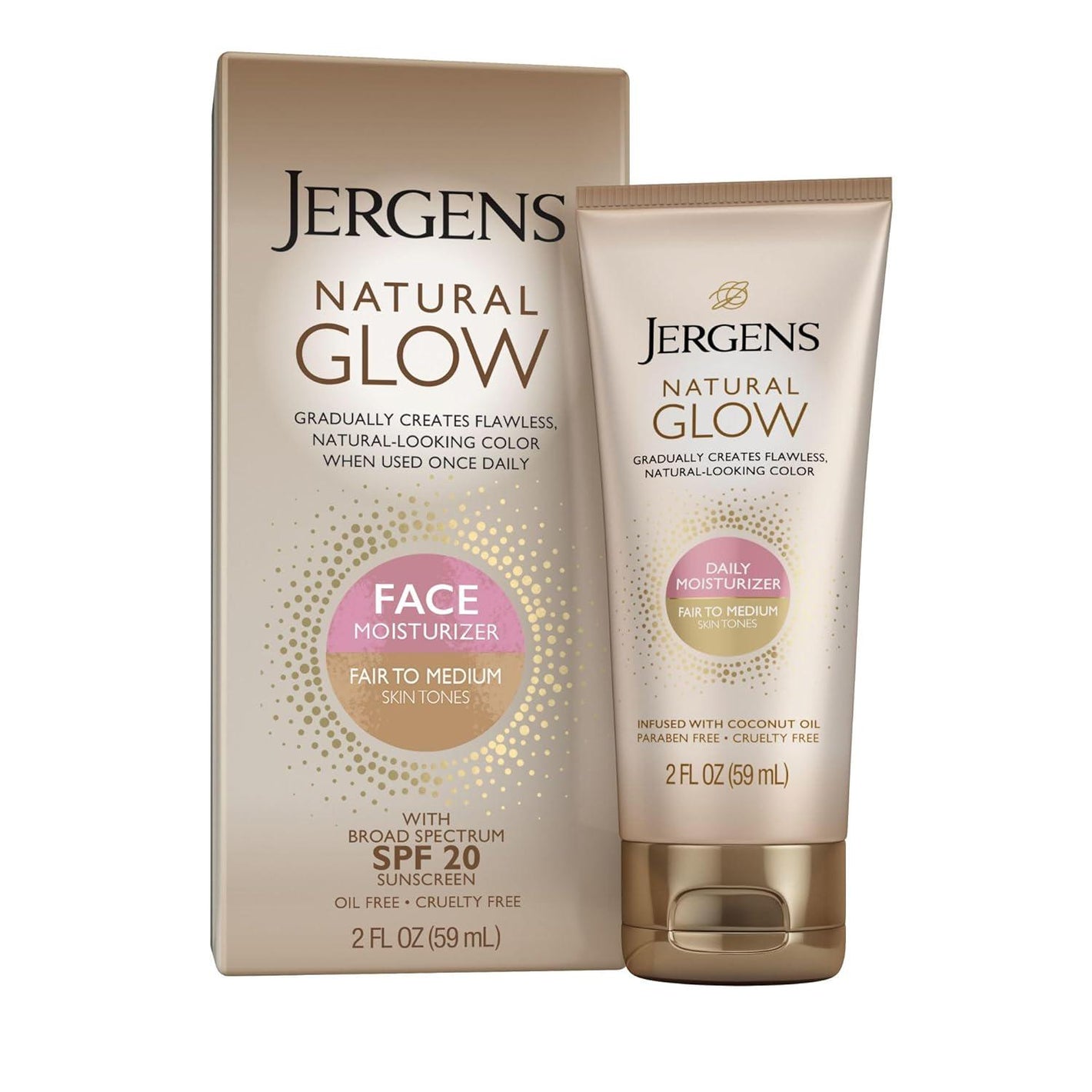 Jergens Jergens Natural Glow Face Self Tanner Body Lotion With SPF 20, Fair To Medium Skin Tone, Sunless Tanning, Daily Facial Sunscreen, Oil Free, Broad Spectrum UVA And UVB Protection, 2 Oz