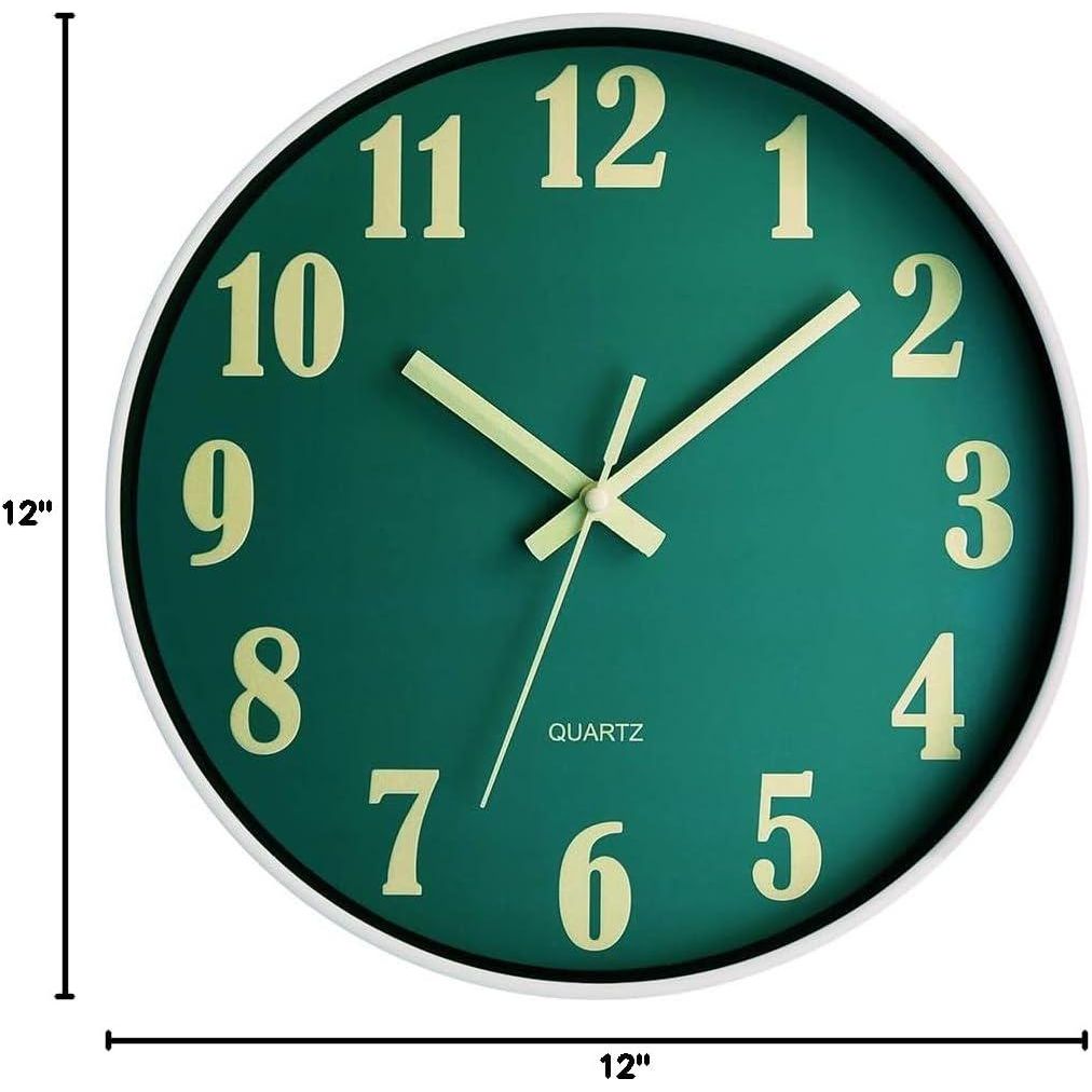 JoFomp Glow In The Dark Clock, 12 Inch Modern Silent Non Ticking Wall Clocks Battery Operated, Night Light Wall Clock For Living Room Decor, Wall Clock Decorative For Kitchen Bedroom (Green),