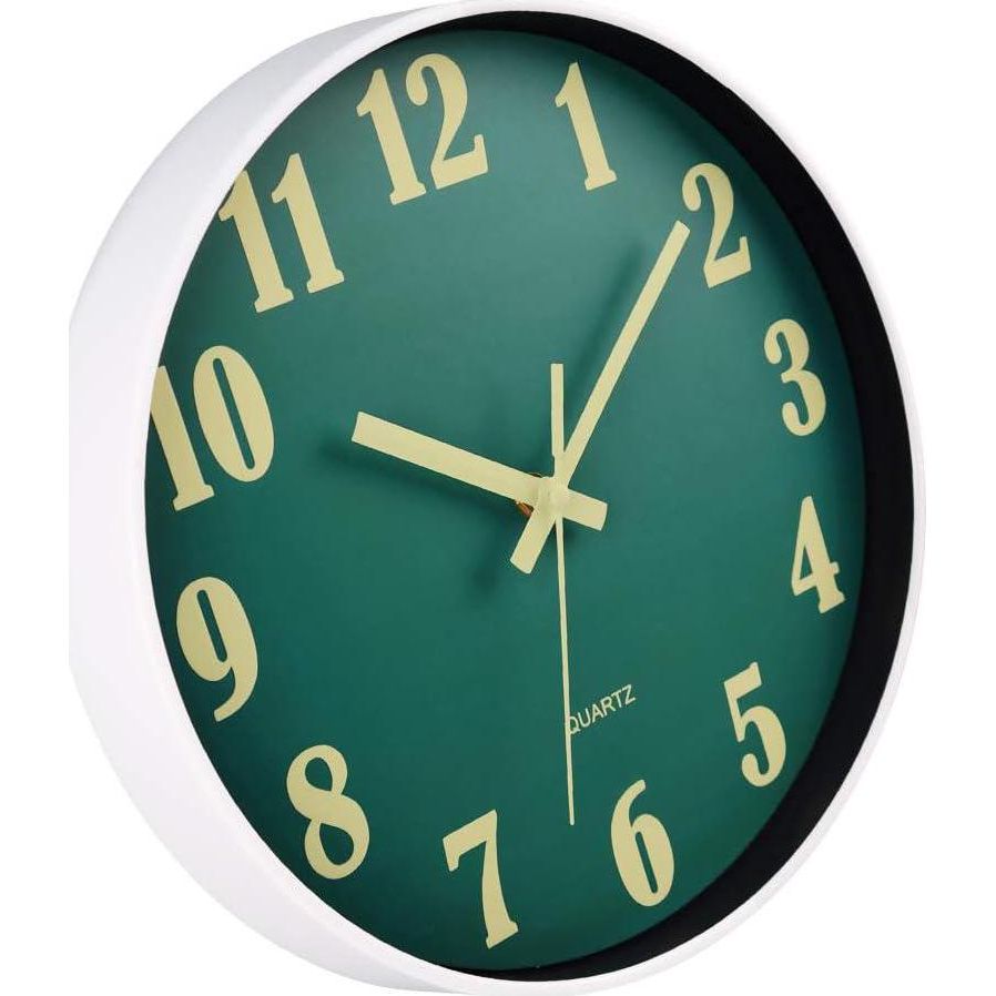 JoFomp Glow In The Dark Clock, 12 Inch Modern Silent Non Ticking Wall Clocks Battery Operated, Night Light Wall Clock For Living Room Decor, Wall Clock Decorative For Kitchen Bedroom (Green),