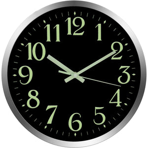 JoFomp Modern Glow In The Dark Wall Clock, 12 Inch Non-Ticking Silent Movement Night Light Clock, Aluminum Frame Luminous Numbers And Hands, Decorative For Home Living Room Office (Black),