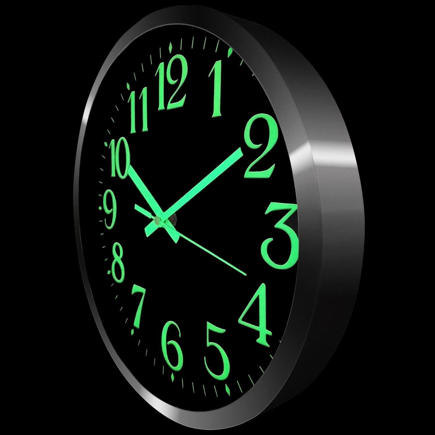 JoFomp Modern Glow In The Dark Wall Clock, 12 Inch Non-Ticking Silent Movement Night Light Clock, Aluminum Frame Luminous Numbers And Hands, Decorative For Home Living Room Office (Black),