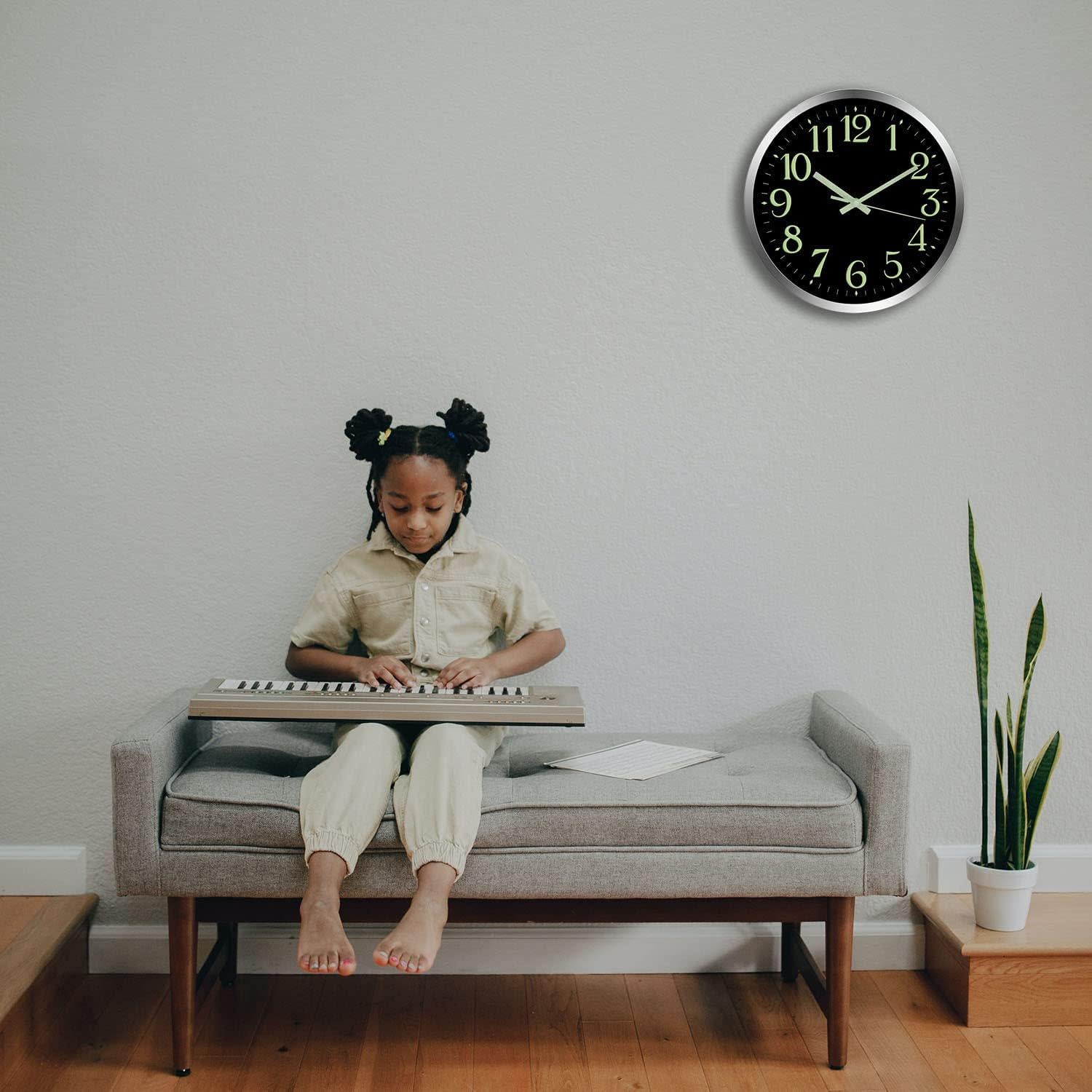 JoFomp Modern Glow In The Dark Wall Clock, 12 Inch Non-Ticking Silent Movement Night Light Clock, Aluminum Frame Luminous Numbers And Hands, Decorative For Home Living Room Office (Black),