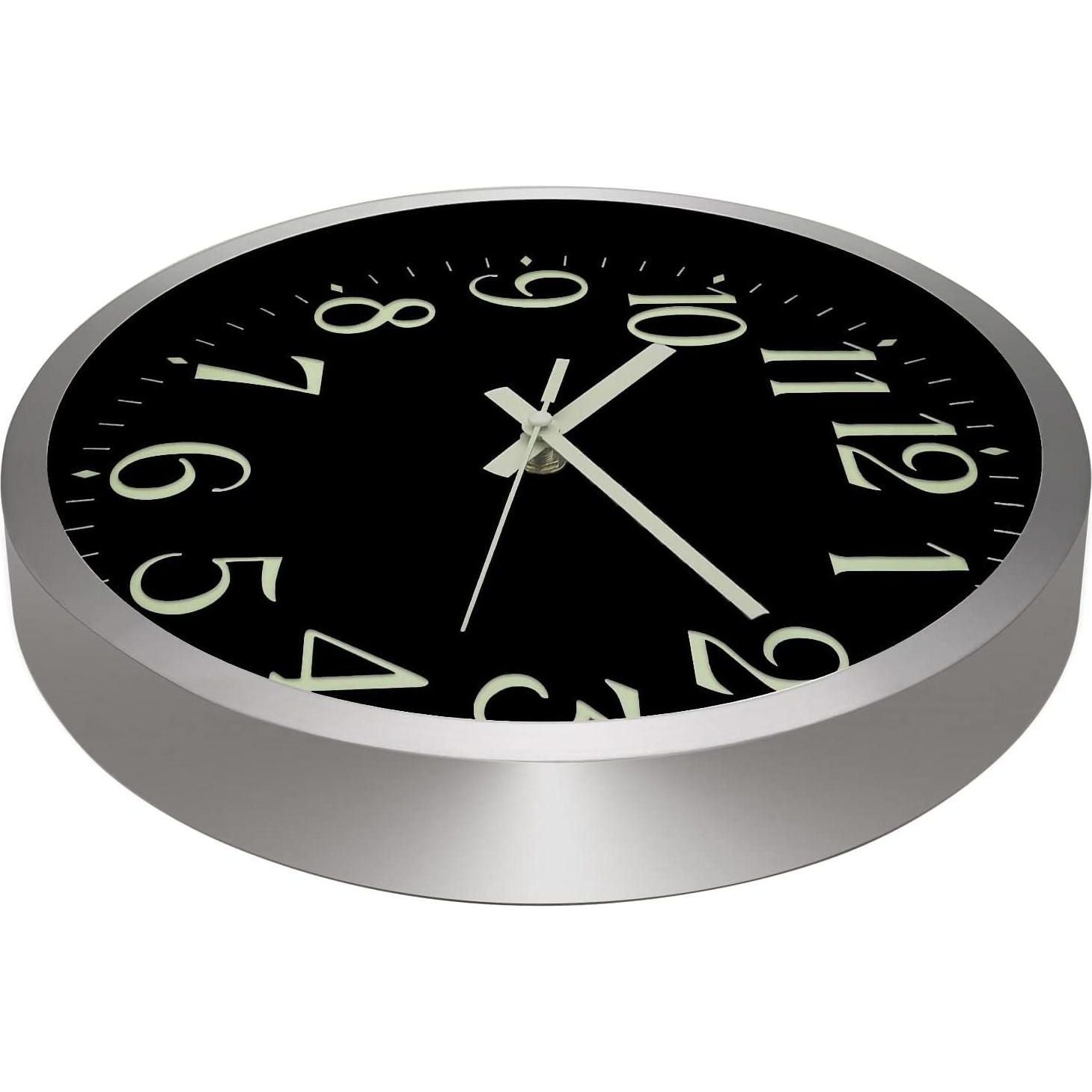 JoFomp Modern Glow In The Dark Wall Clock, 12 Inch Non-Ticking Silent Movement Night Light Clock, Aluminum Frame Luminous Numbers And Hands, Decorative For Home Living Room Office (Black),