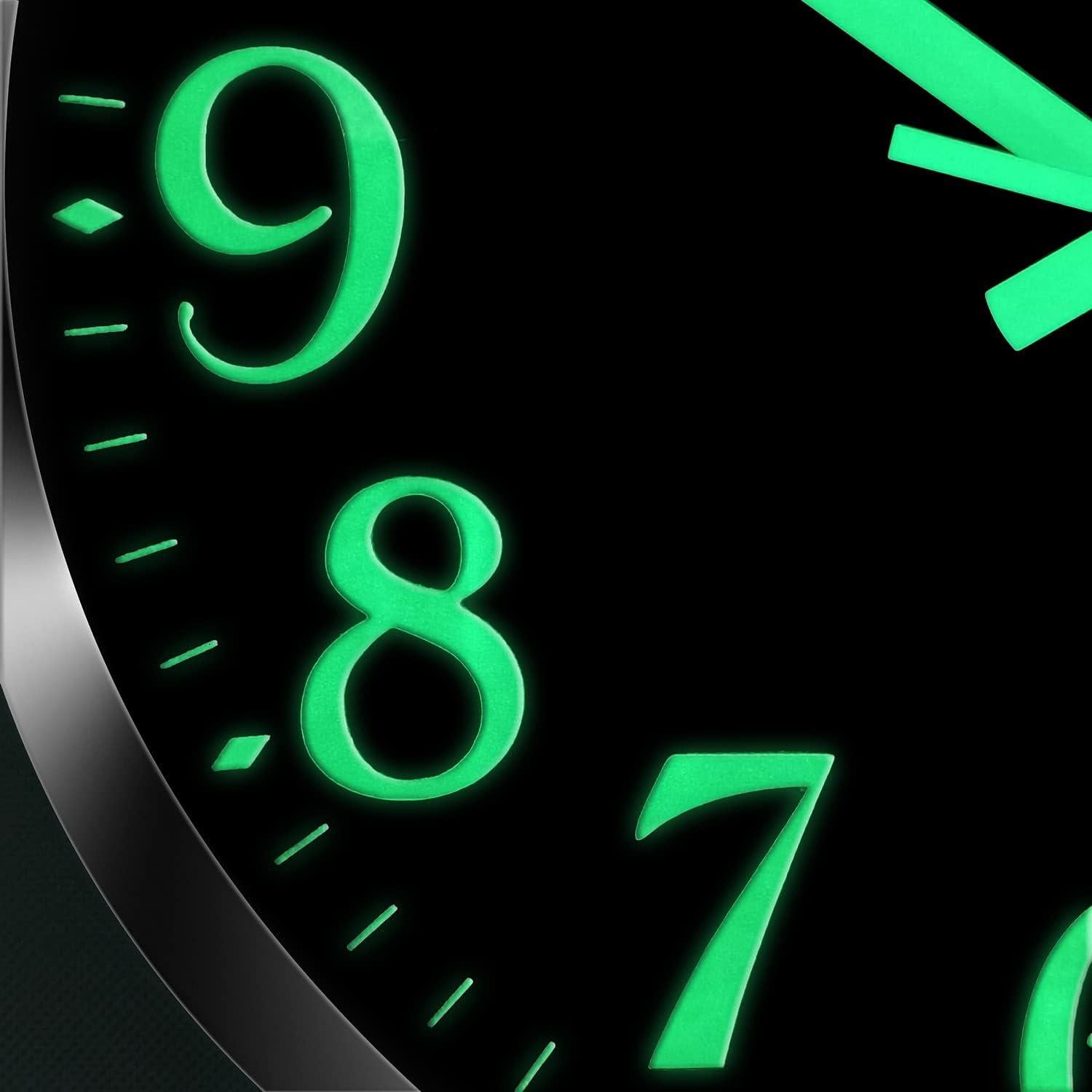 JoFomp Modern Glow In The Dark Wall Clock, 12 Inch Non-Ticking Silent Movement Night Light Clock, Aluminum Frame Luminous Numbers And Hands, Decorative For Home Living Room Office (Black),