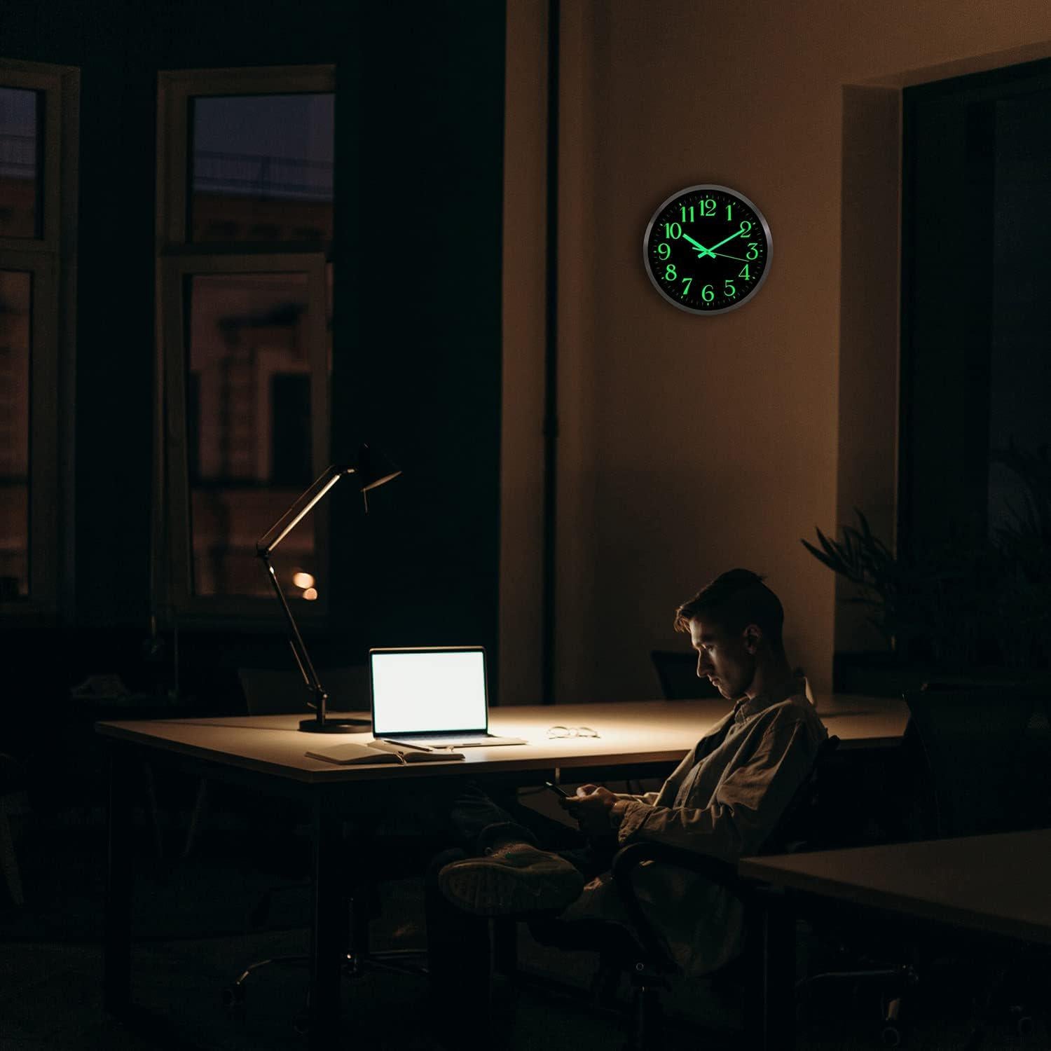 JoFomp Modern Glow In The Dark Wall Clock, 12 Inch Non-Ticking Silent Movement Night Light Clock, Aluminum Frame Luminous Numbers And Hands, Decorative For Home Living Room Office (Black),