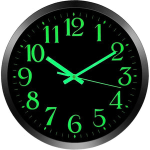 JoFomp Modern Glow In The Dark Wall Clock, 12 Inch Non-Ticking Silent Movement Night Light Clock, Aluminum Frame Luminous Numbers And Hands, Decorative For Home Living Room Office (Black),