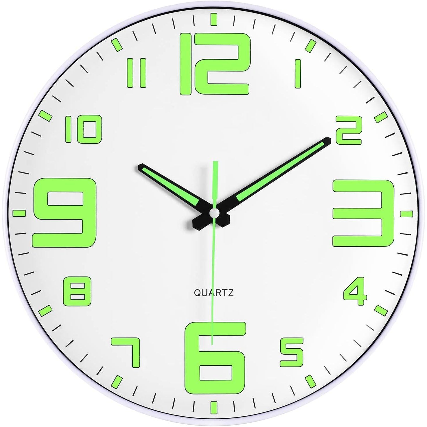 JoFomp Modern Night Light Wall Clock, 12 Inch Silent Non-Ticking Clock With Glow In The Dark Function, Battery Operate Lighted Wall Clock For Living Room Kitchen Bedroom Decor (White),