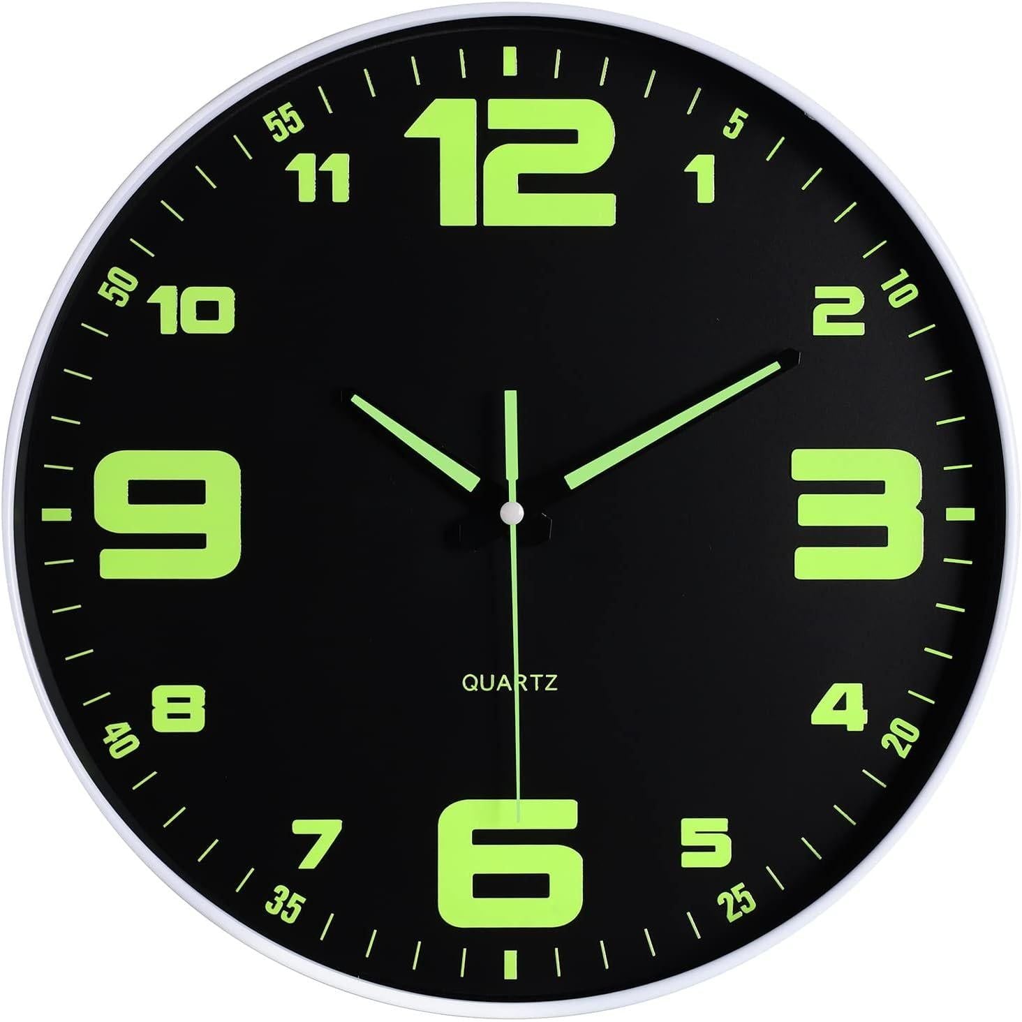 JoFomp Modern Night Light Wall Clock, 12 Inch Silent Non-Ticking Clock With Glow In The Dark Function, Battery Operate Lighted Wall Clock For Living Room Kitchen Bedroom Decor (Black),