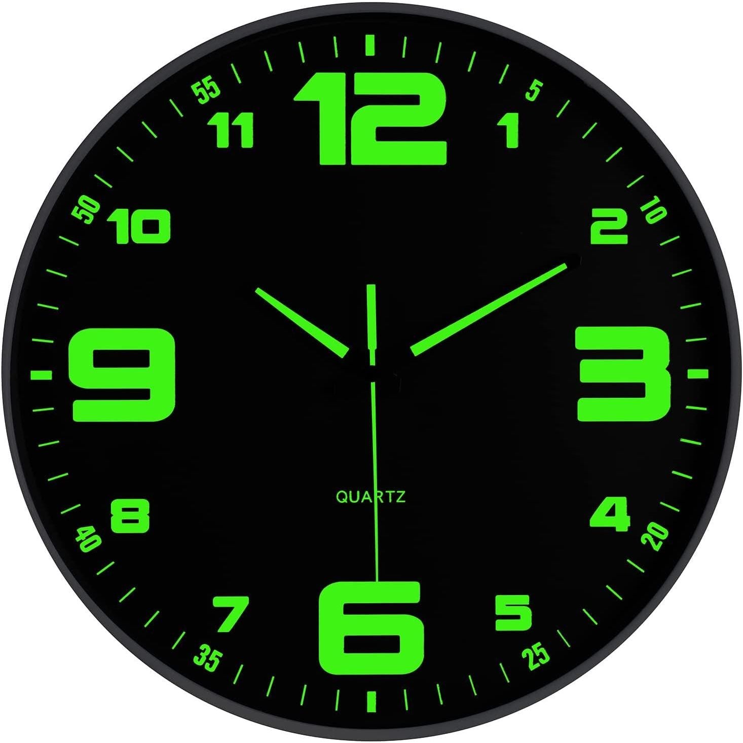 JoFomp Modern Night Light Wall Clock, 12 Inch Silent Non-Ticking Clock With Glow In The Dark Function, Battery Operate Lighted Wall Clock For Living Room Kitchen Bedroom Decor (Black),