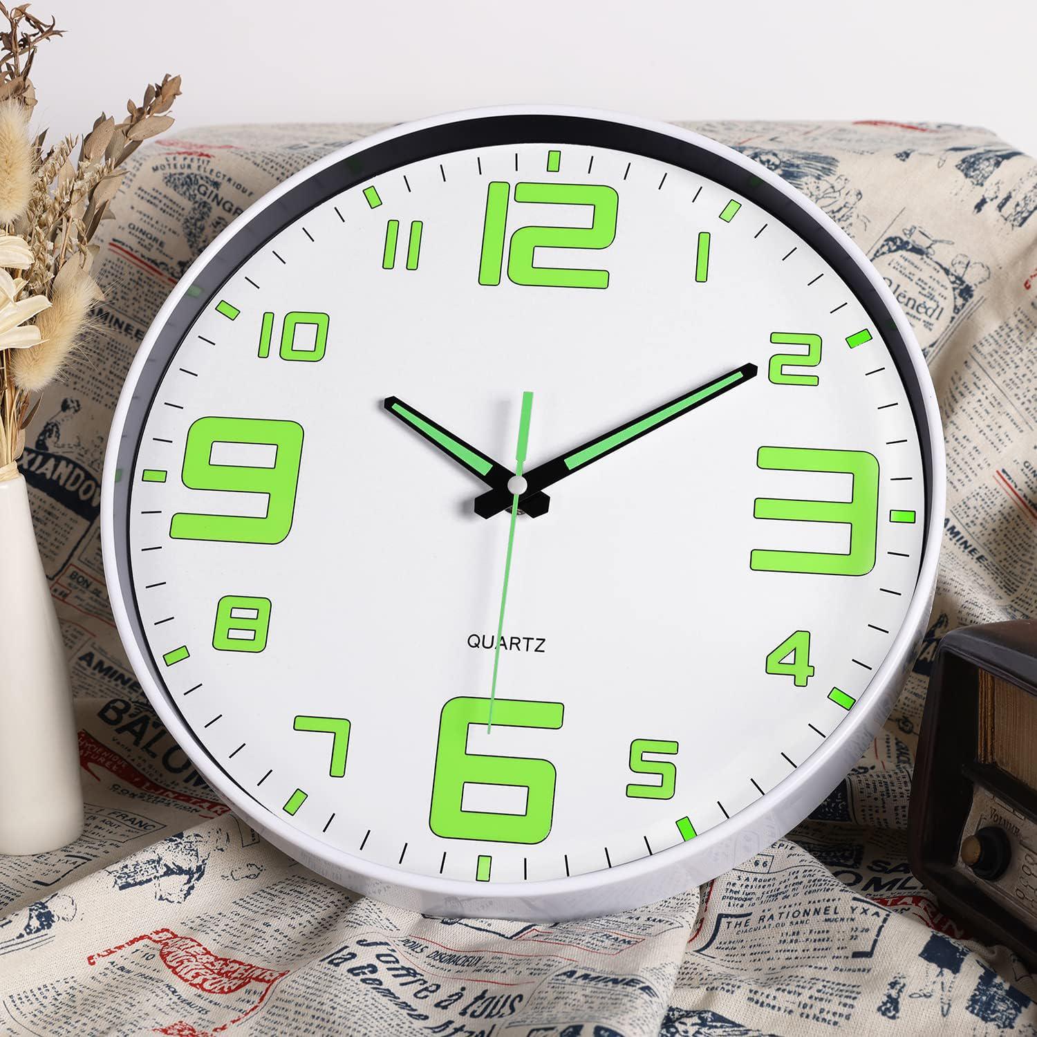 JoFomp Modern Night Light Wall Clock, 12 Inch Silent Non-Ticking Clock With Glow In The Dark Function, Battery Operate Lighted Wall Clock For Living Room Kitchen Bedroom Decor (White),