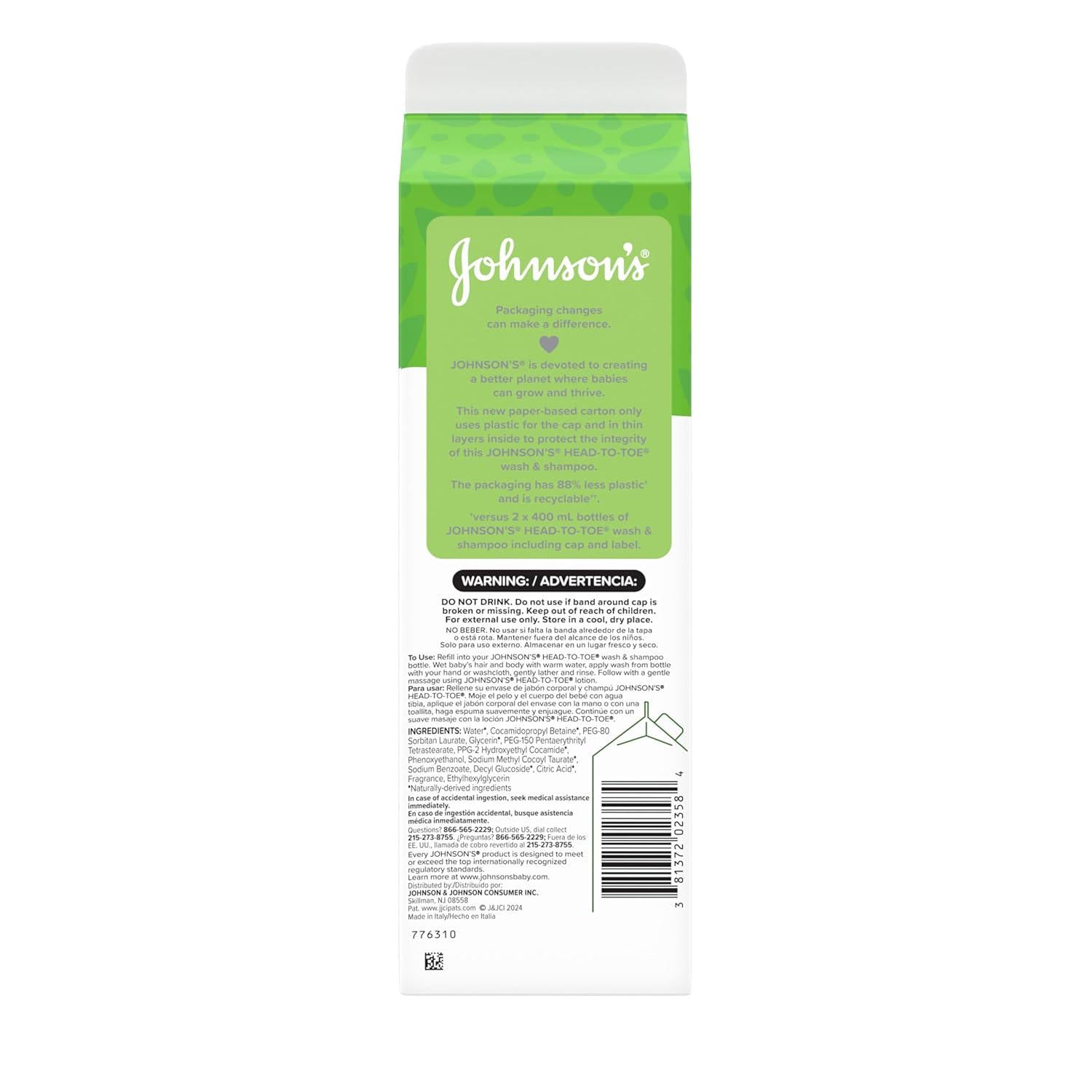 Johnson's Head-To-Toe Gentle Baby Body And Hair Wash, Tear-Free, Sulfate-Free And Hypoallergenic For Sensitive Skin, Value Size Refill, 33.8 Fl. Oz,