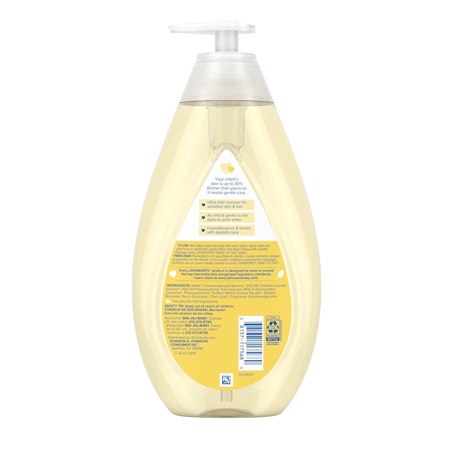 Johnson's Head-to-Toe Gentle Tear-Free Baby And Newborn Wash And Shampoo, Sulfate-, Paraben- Phthalate- And Dye-Free, Hypoallergenic Wash For Sensitive Skin And Hair, 27.1 Fl. Oz,