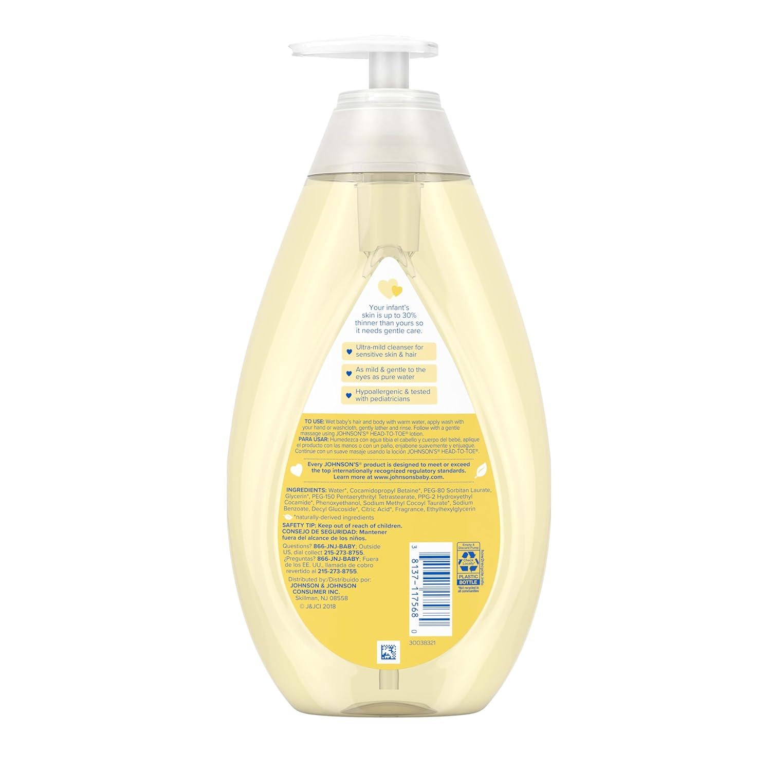 Johnson's Head-to-Toe Gentle Tear-Free Baby And Newborn Wash And Shampoo, Sulfate-, Paraben- Phthalate- And Dye-Free, Hypoallergenic Wash For Sensitive Skin And Hair, 27.1 Fl. Oz,