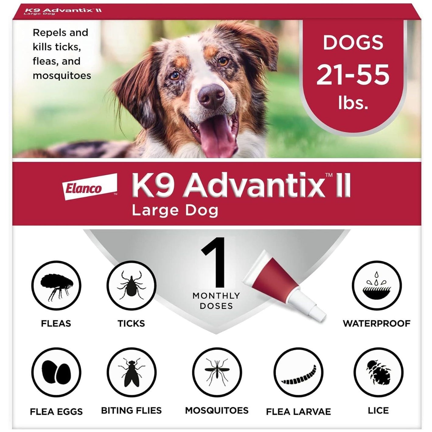 K9 Advantix II Large Dog Flea & Tick Treatment, 1 Month Supply, Dogs 21–55 lbs, Vet Recommended