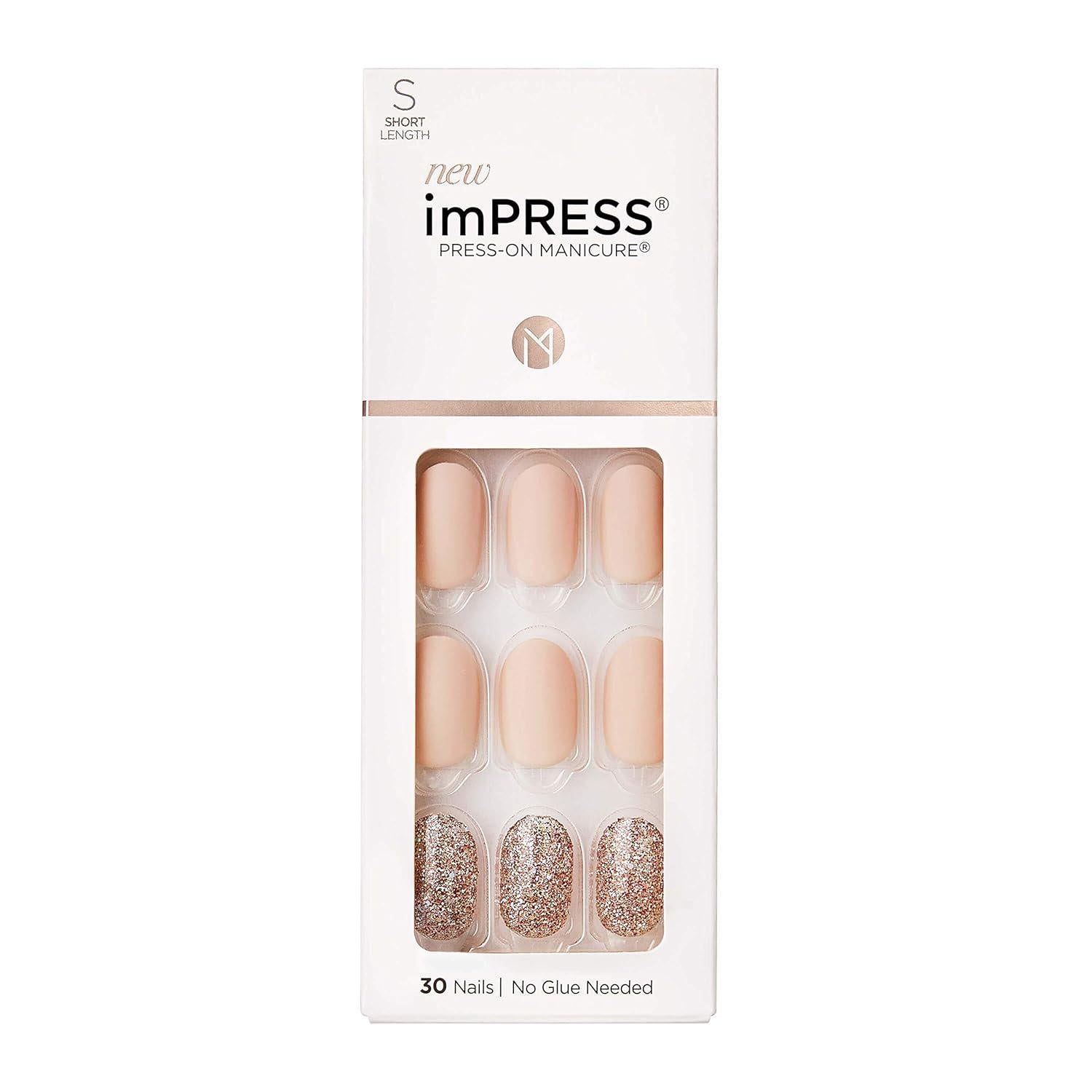 KISS ImPRESS No Glue Mani Press On Nails, Design, 'Evanesce', Beige, Short Size, Oval Shape, Includes 30 Nails, Prep Pad, Instructions Sheet, 1 Manicure Stick, 1 Mini File,