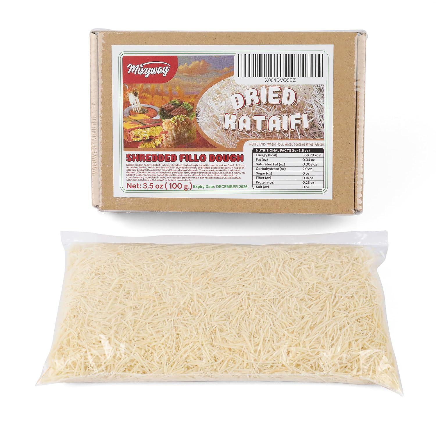 Packaged dried kadaif with a clear front showing the product and a cardboard box above on a white background.