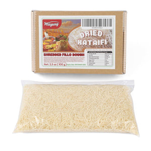 Packaged dried kadaif with a clear front showing the product and a cardboard box above on a white background.