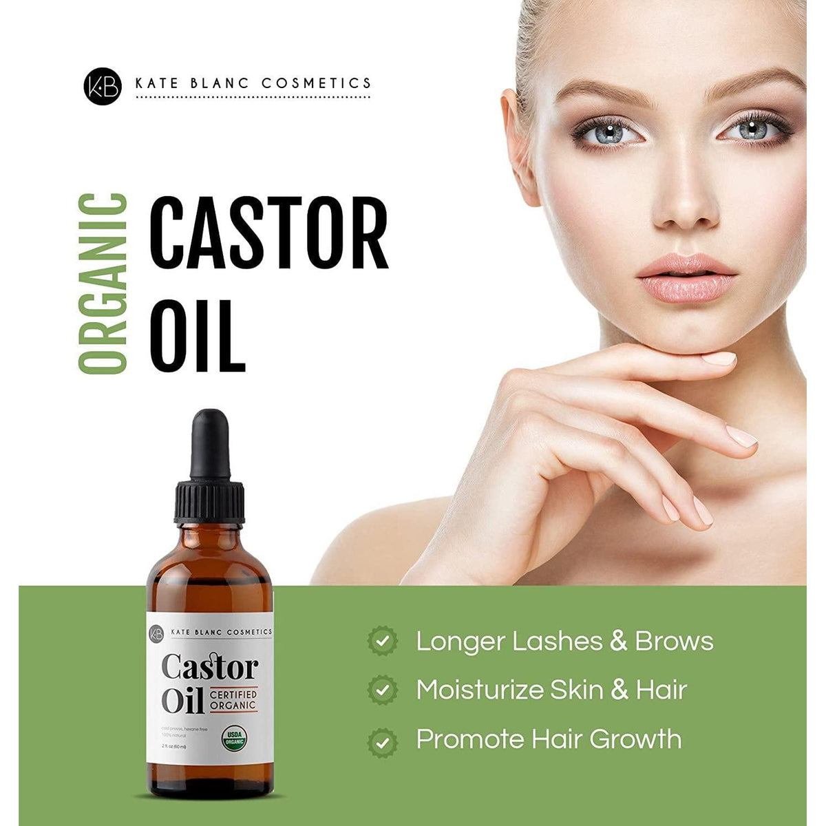 Kate Blanc Cosmetics Kate Blanc Cosmetics Castor Oil Organic (2oz), 100% Pure, Cold Pressed, Hexane Free. Stimulate Growth For Hair, Eyelashes, Eyebrows. Hair Treatment Starter Kit And Skin Moisturizer