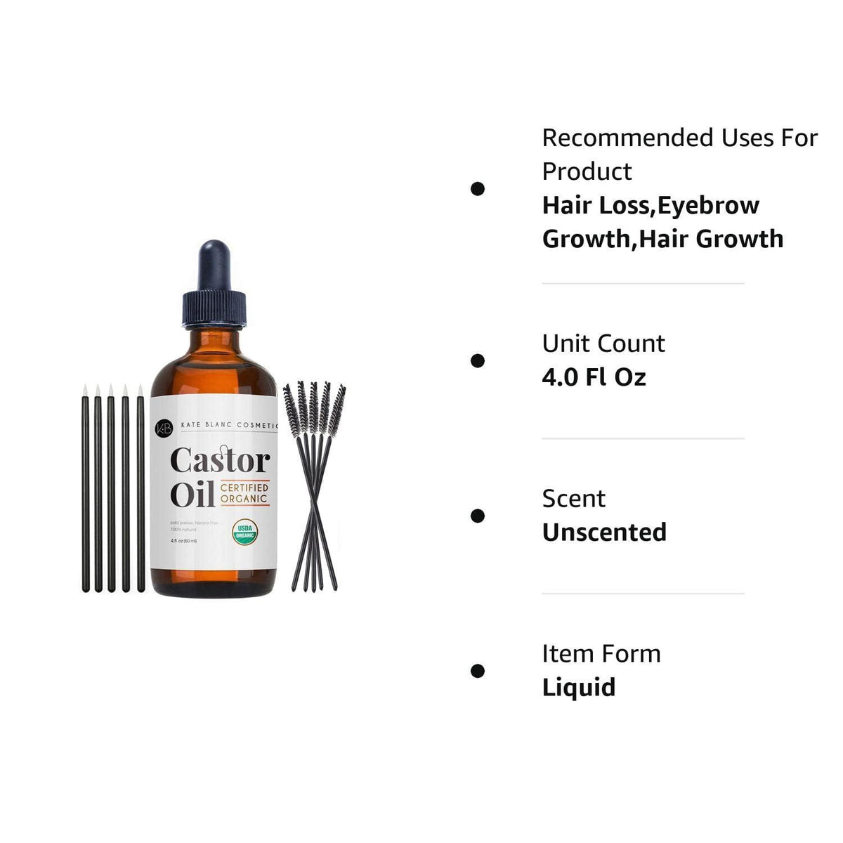Kate Blanc Cosmetics Kate Blanc Cosmetics Organic Castor Oil (4oz). 100% Pure, Cold Pressed, Hexane Free In A Glass Bottle. Stimulate Growth For Eyelashes, Eyebrows, Hair. Skin Moisturizer And Oil Cleanse With Starter Kit