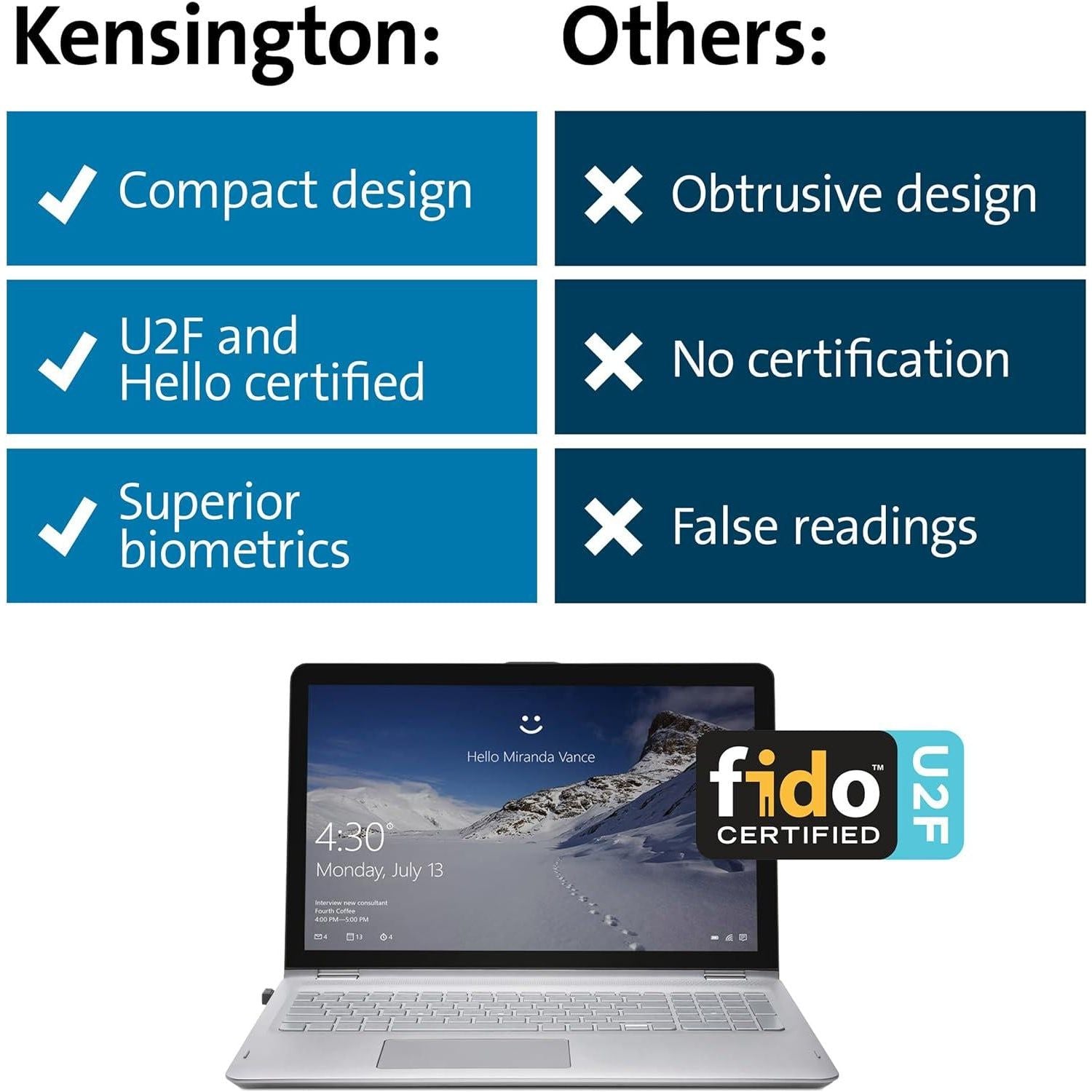 Kensington VeriMark Gen1 USB-A Fingerprint Key Reader - Windows Hello, Anti-Spoofing (K67977WW),